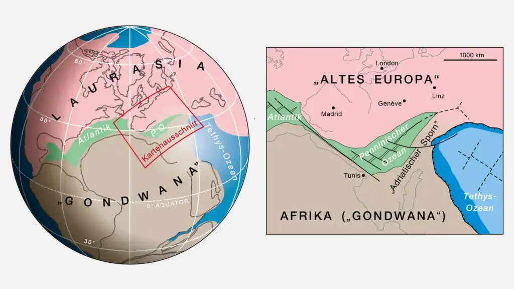 Laurasia und Gondwana Kartenansicht mit Ozeanen.