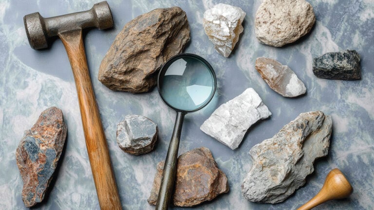 Geologische Werkzeuge und verschiedene Gesteine auf Tisch