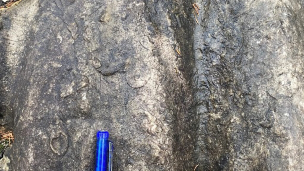 Fels mit Petroglyphen und blauem Stift