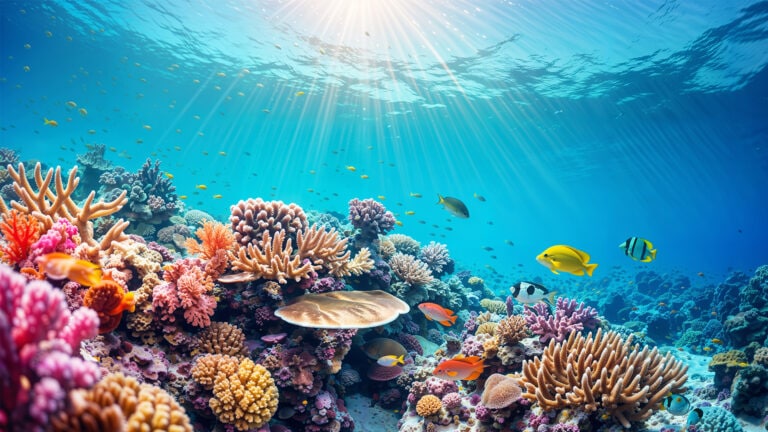 Bunte Korallen und Fische im klaren Meerwasser.