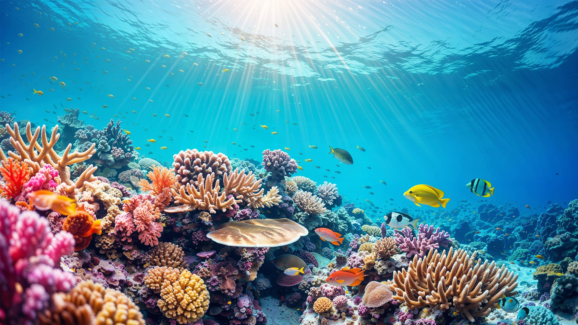 Bunte Korallen und Fische im klaren Meerwasser.